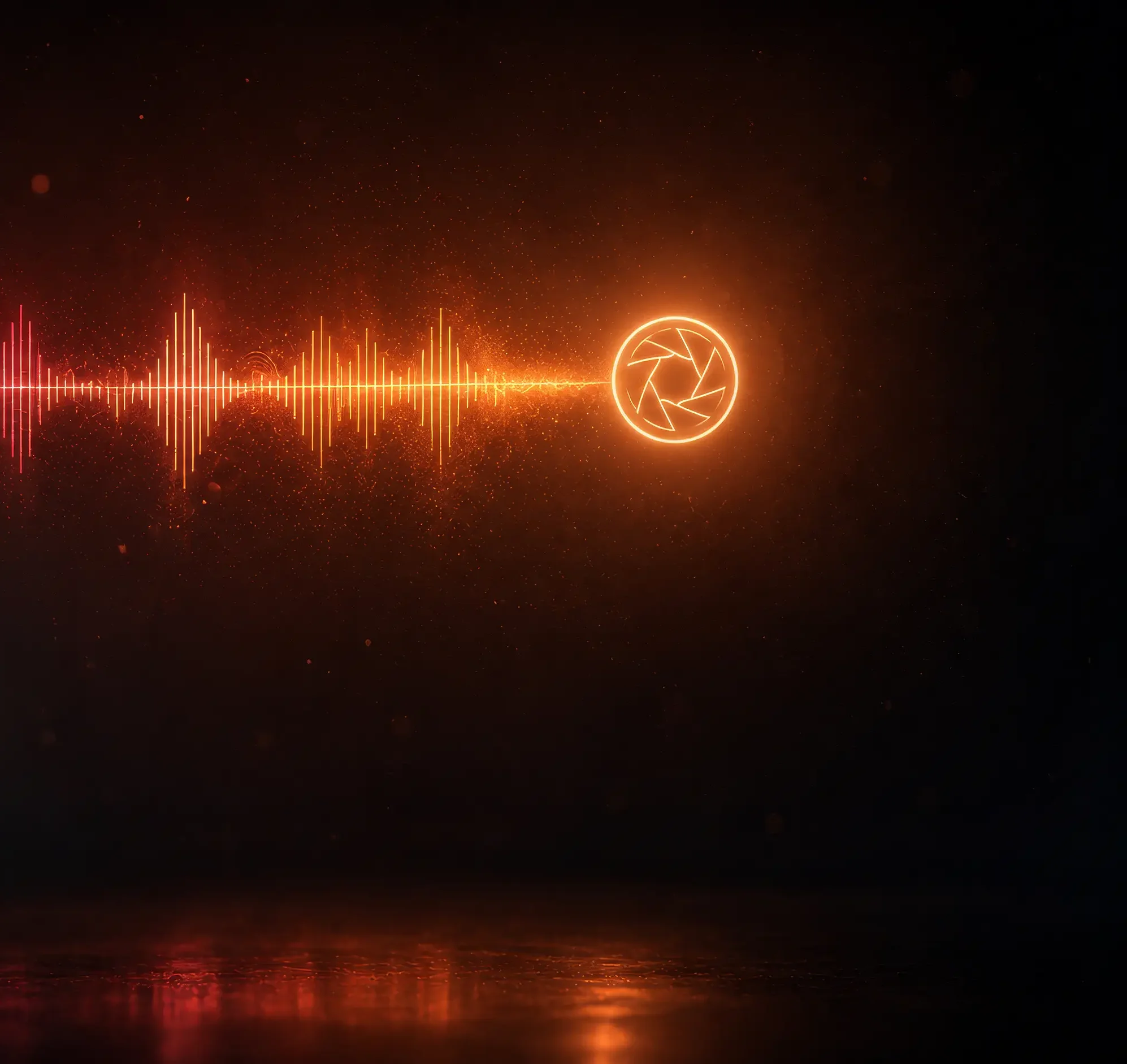 A glowing orange audio waveform flowing into a neon camera shutter icon against black