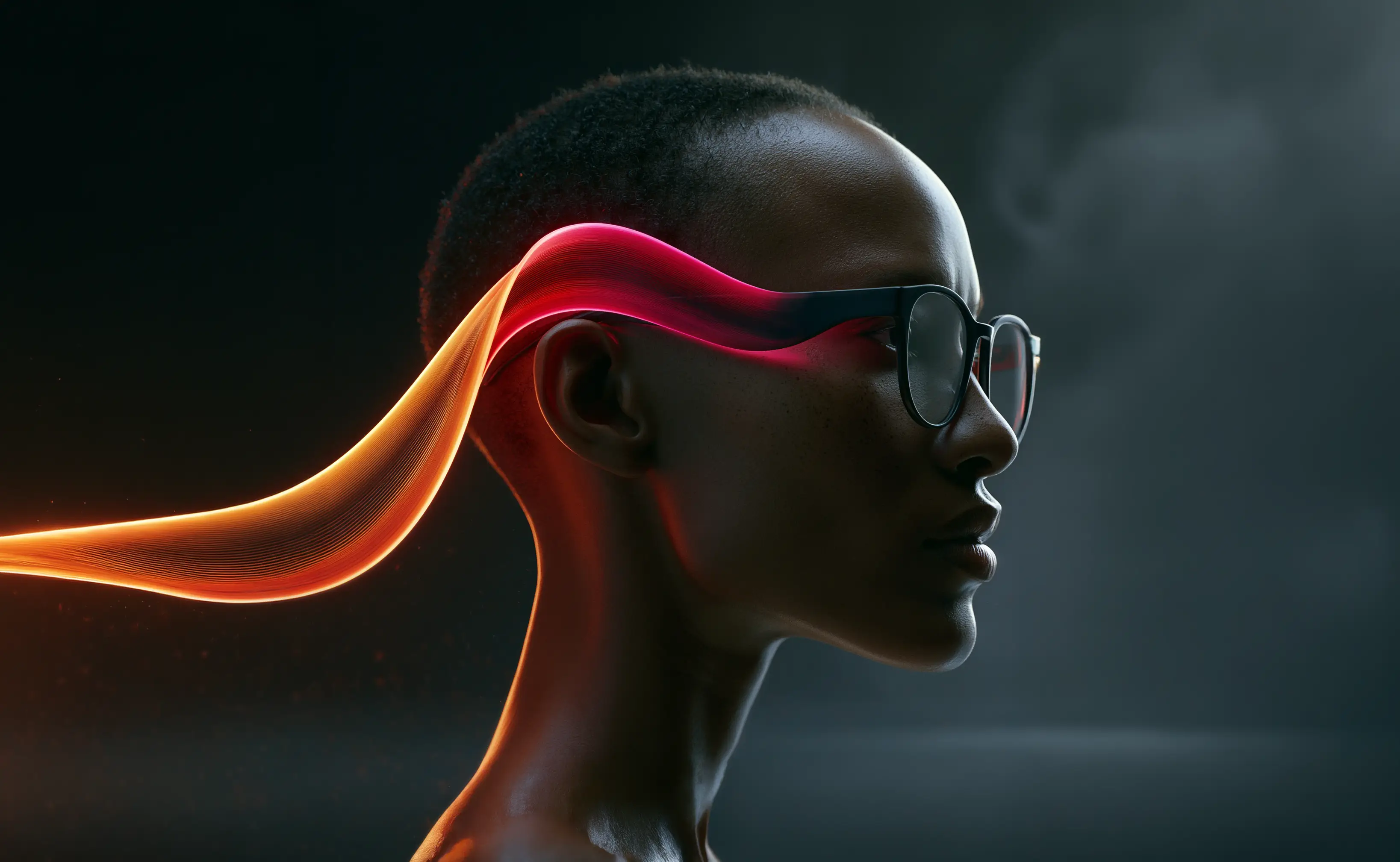Profile of a woman wearing smart glasses with a glowing pink and orange light ribbon flowing from the frames