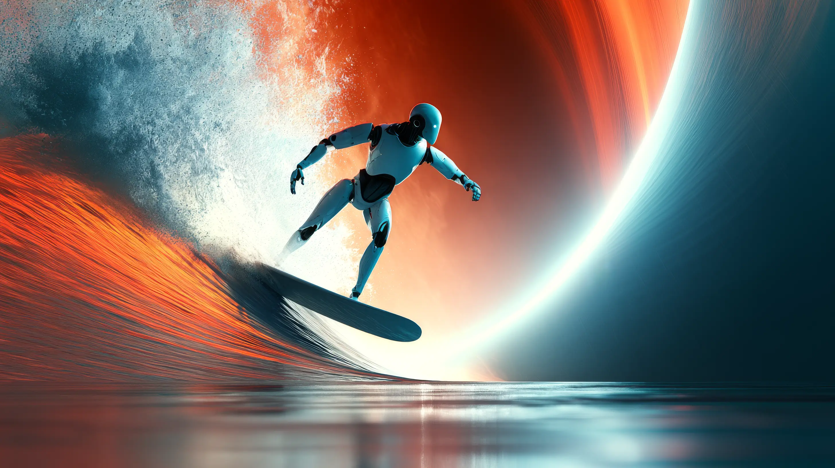 A humanoid robot surfing inside the barrel of a vivid orange and teal wave