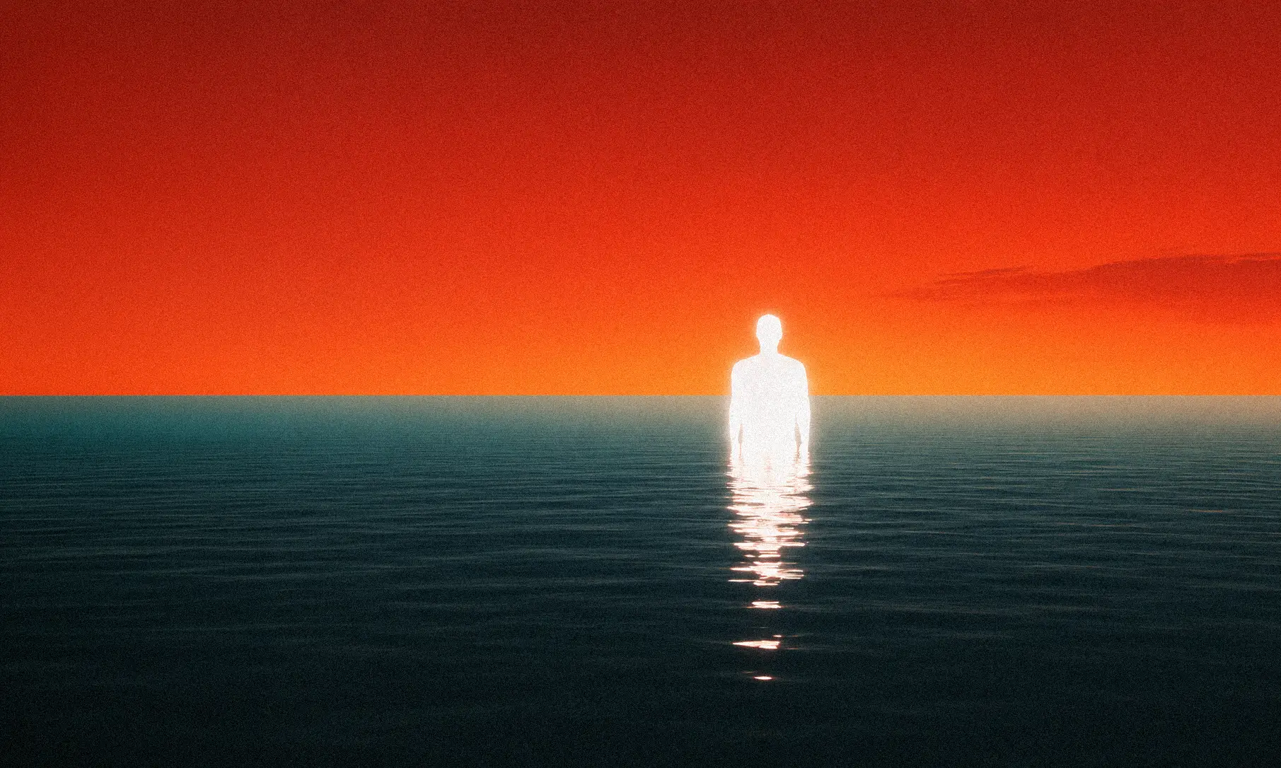 A glowing white human silhouette standing in a dark ocean beneath a deep red sky