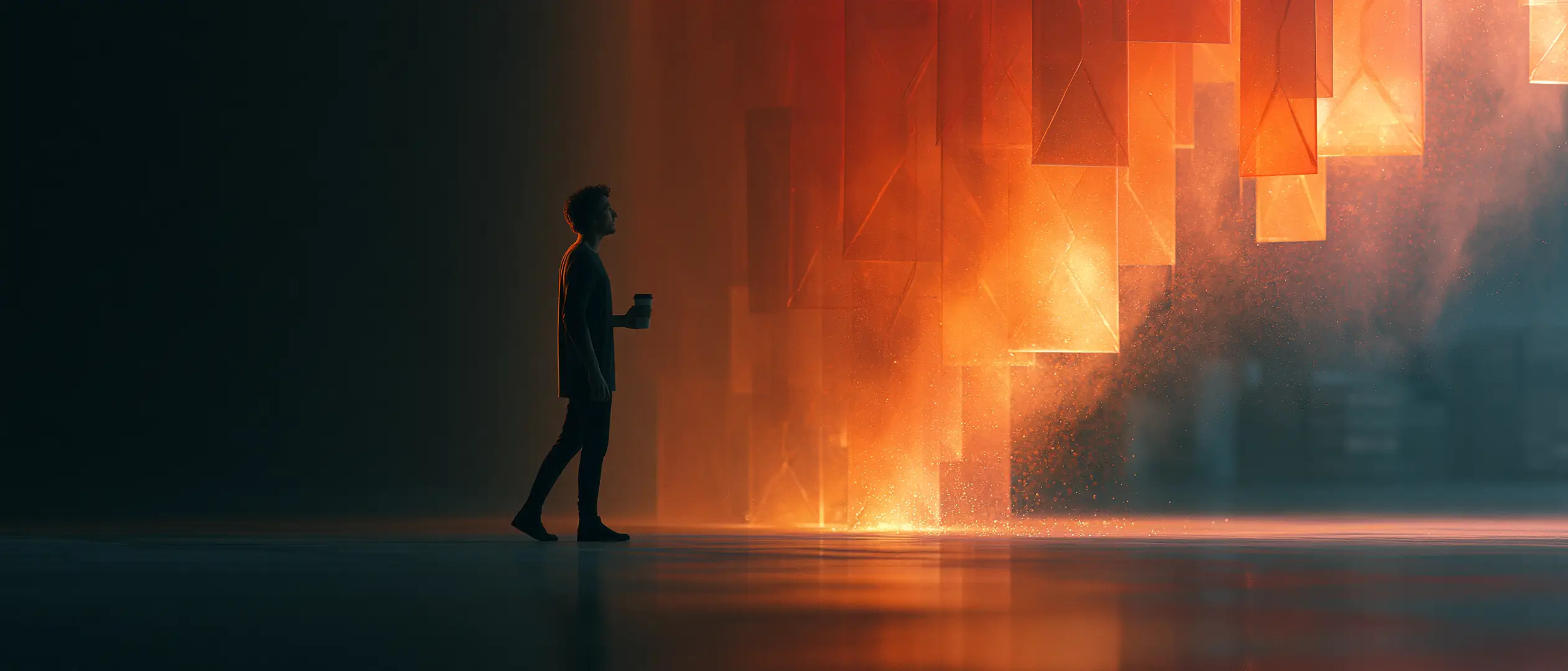 A man holding a coffee cup looks up at a towering wall of glowing orange envelopes